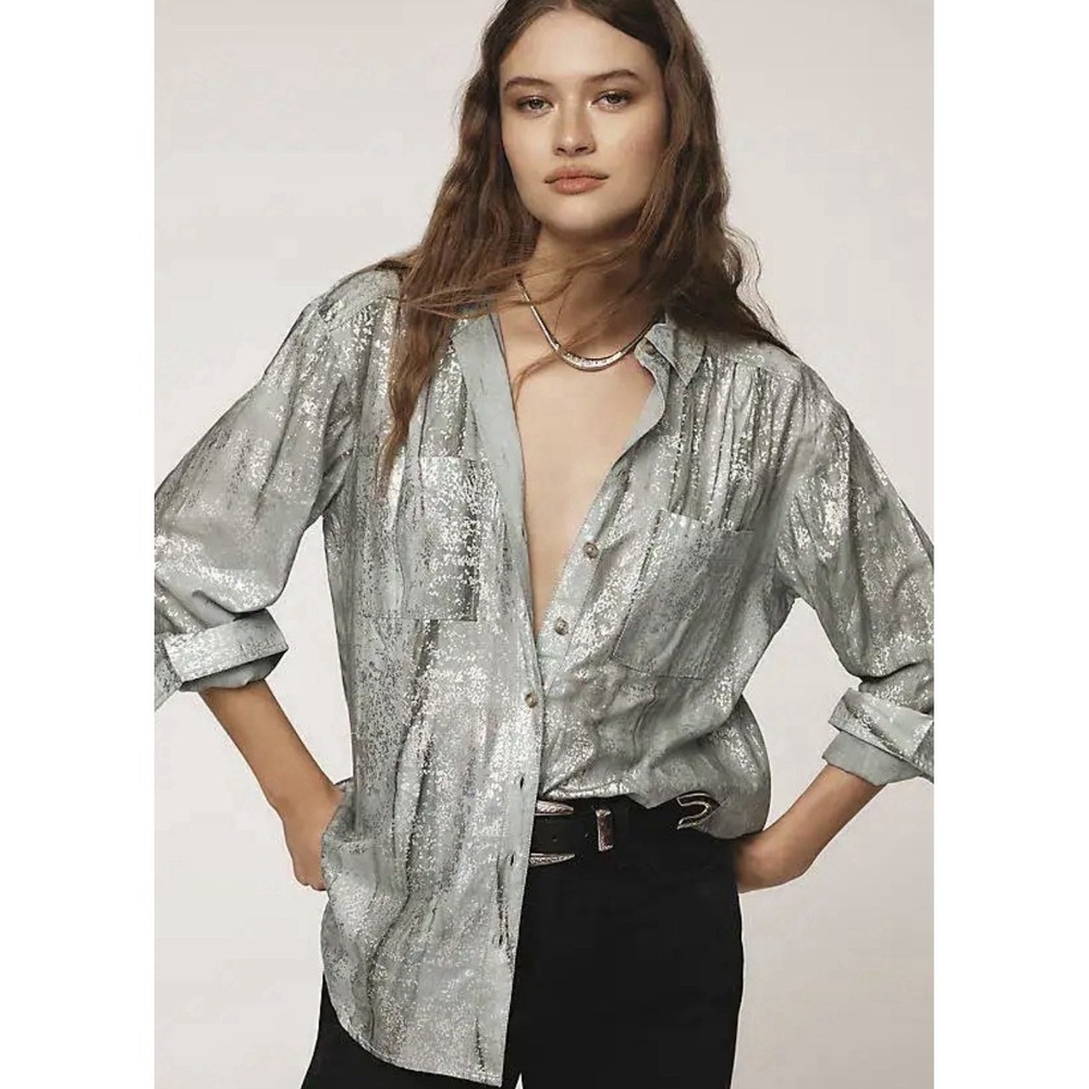 Anthropologie Pilcro‎ Women's Green Foil Shine Button-Down Shirt Size Small $118